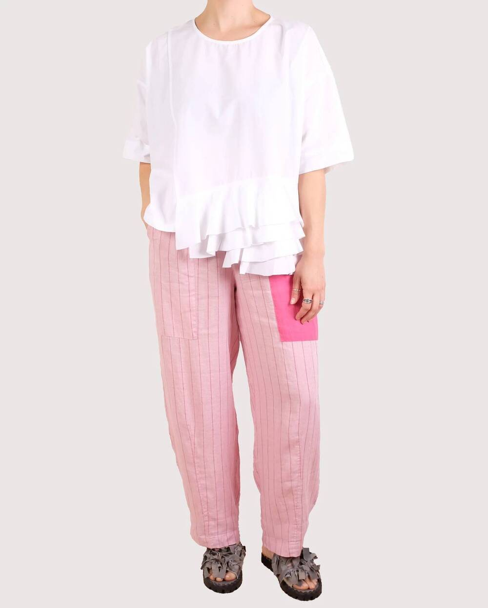 NEW ALEMBIKA crewneck ruffle top in white
